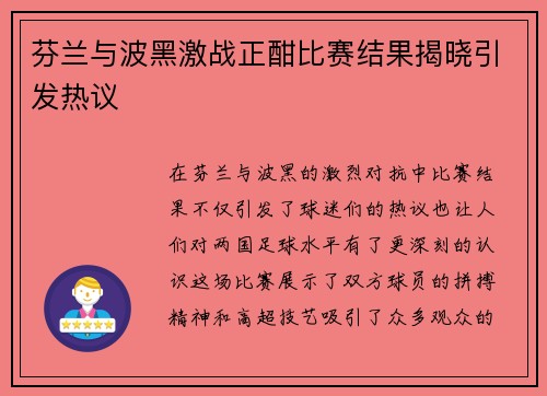 芬兰与波黑激战正酣比赛结果揭晓引发热议
